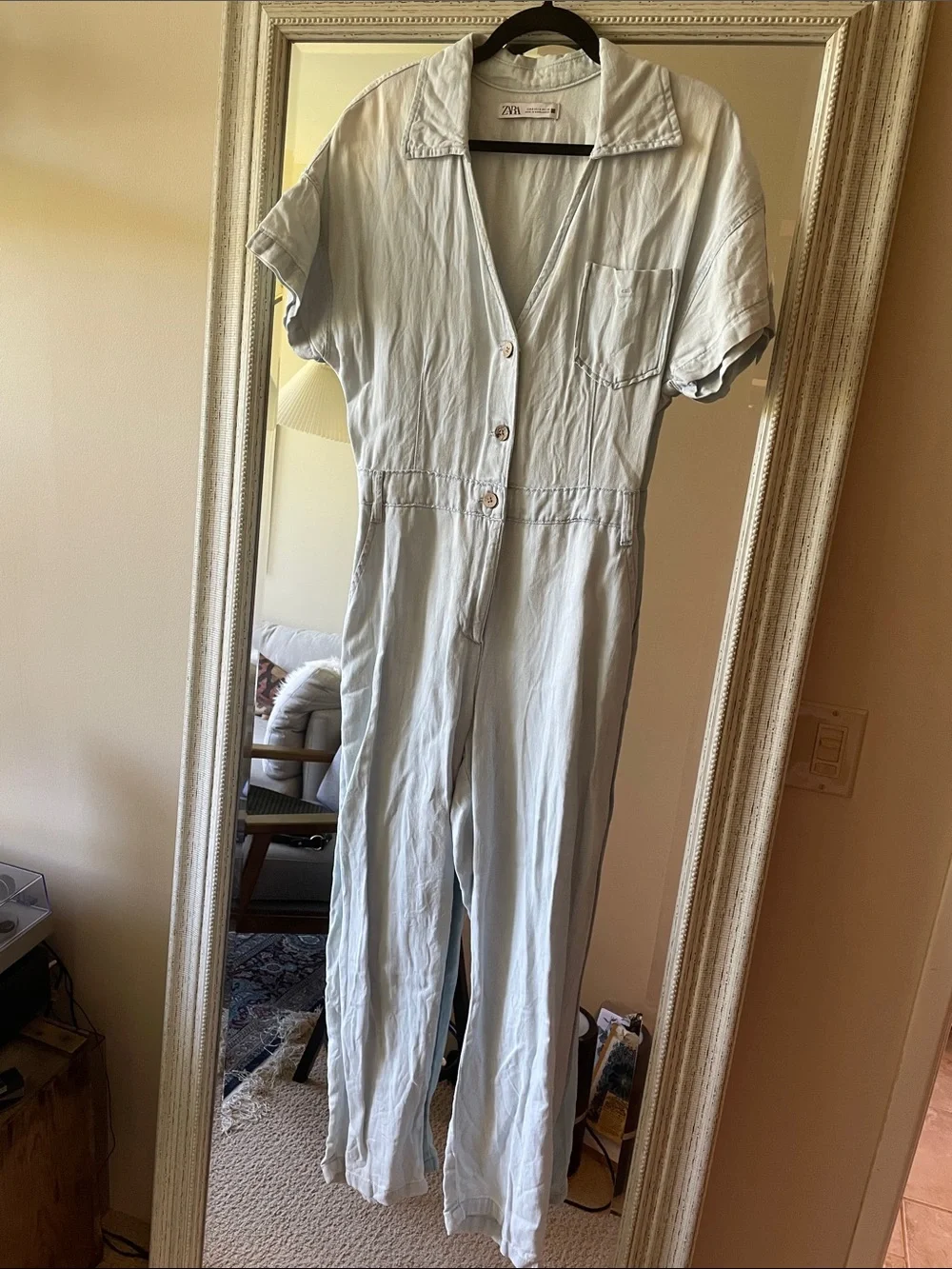 Light Blue Denim Button-Front Jumpsuit